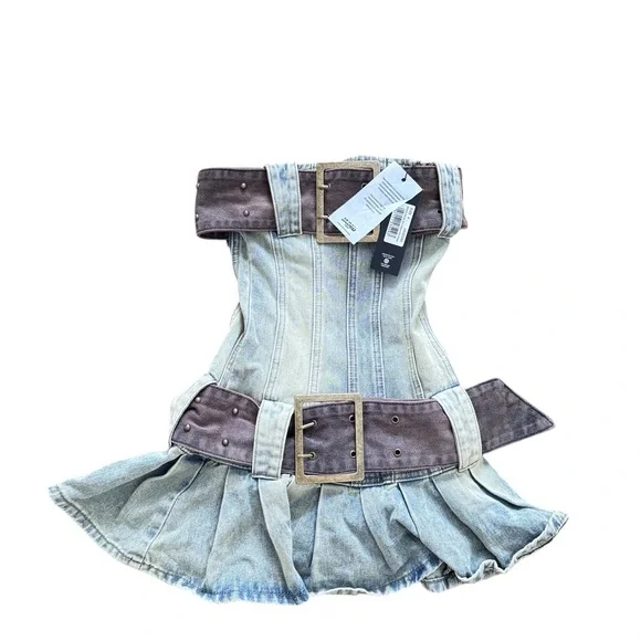 windsor denim dress Uniquely Darling Strapless Pleat Skater Denim Mini Dress in Pink | Size: M | Knit Fabric